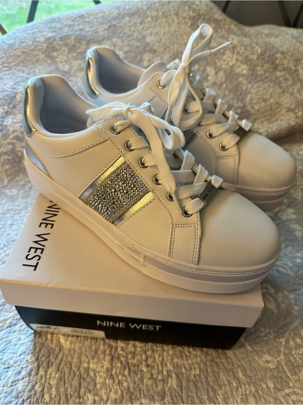 Nine West Women's White Sneakers with Silver metallic Accents